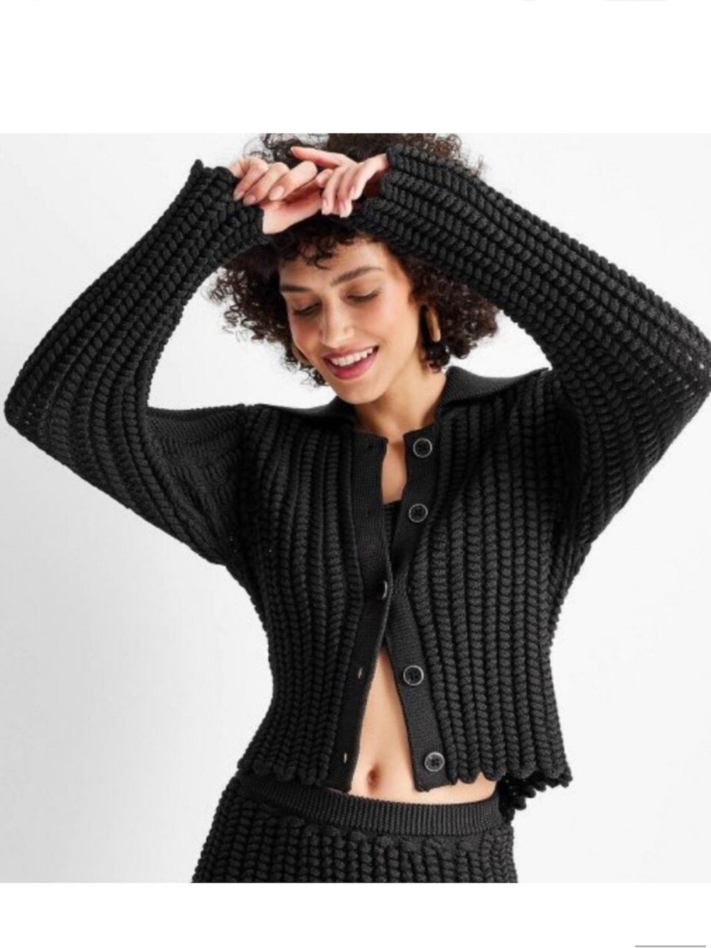 Jenee Naylor Cropped Black Button-Front Chunky Knit Cardigan